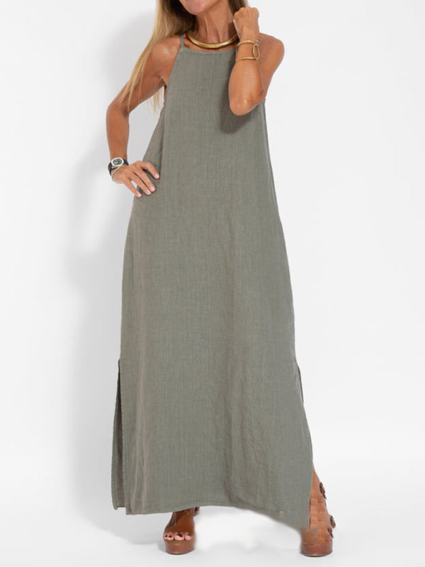 Blue Zone Planet |  Zoe's Cotton-Linen Slit Spaghetti Strap Maxi Dress BLUE ZONE PLANET