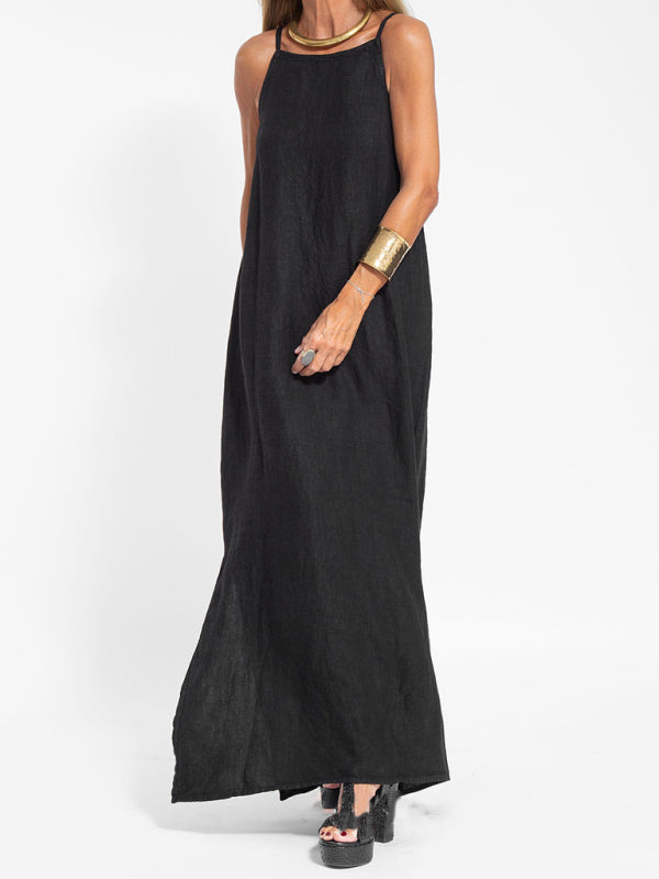 Blue Zone Planet |  Zoe's Cotton-Linen Slit Spaghetti Strap Maxi Dress BLUE ZONE PLANET