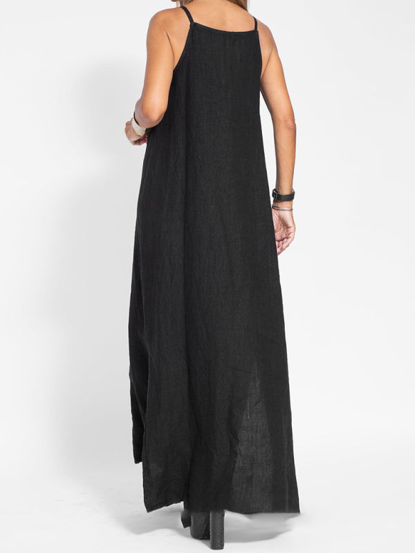 Blue Zone Planet |  Zoe's Cotton-Linen Slit Spaghetti Strap Maxi Dress BLUE ZONE PLANET