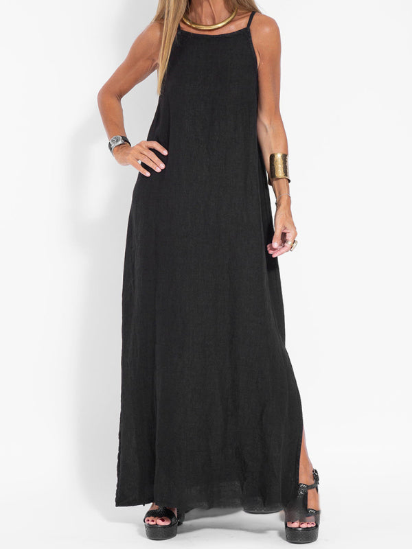 Blue Zone Planet |  Zoe's Cotton-Linen Slit Spaghetti Strap Maxi Dress BLUE ZONE PLANET