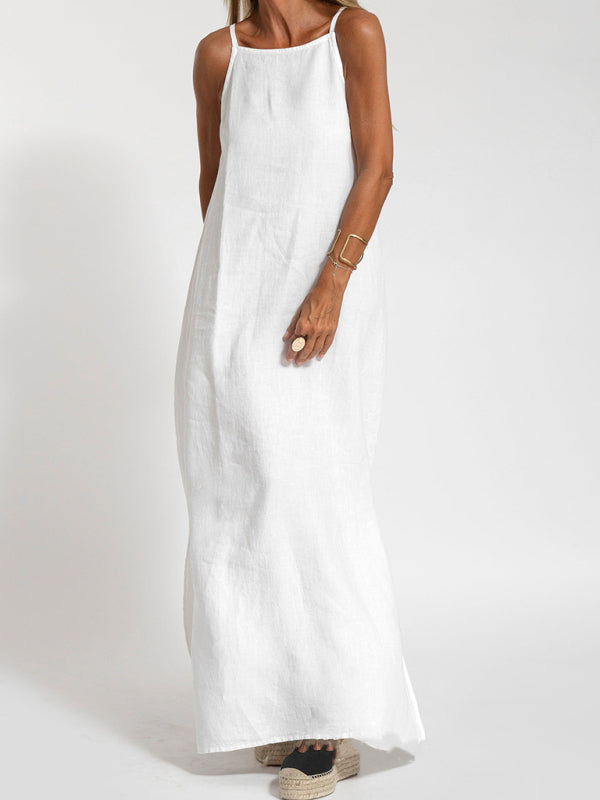 Blue Zone Planet |  Zoe's Cotton-Linen Slit Spaghetti Strap Maxi Dress BLUE ZONE PLANET