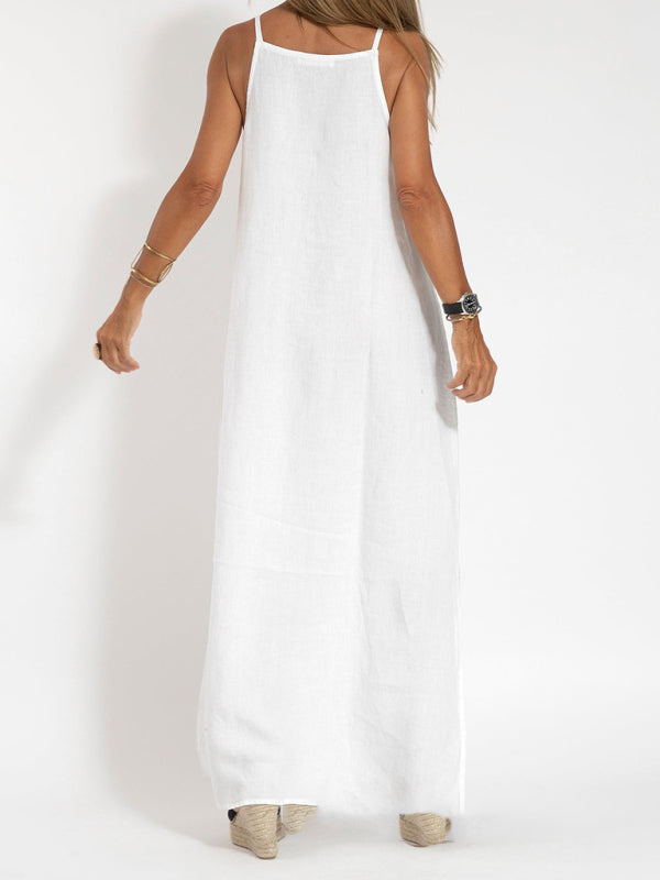 Blue Zone Planet |  Zoe's Cotton-Linen Slit Spaghetti Strap Maxi Dress BLUE ZONE PLANET