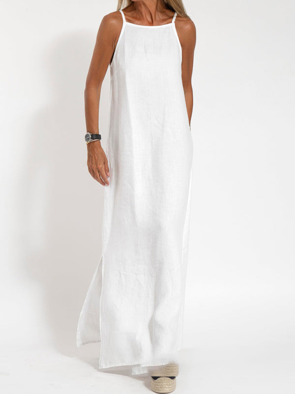Blue Zone Planet |  Zoe's Cotton-Linen Slit Spaghetti Strap Maxi Dress BLUE ZONE PLANET