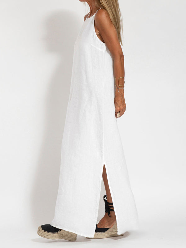 Blue Zone Planet |  Zoe's Cotton-Linen Slit Spaghetti Strap Maxi Dress BLUE ZONE PLANET