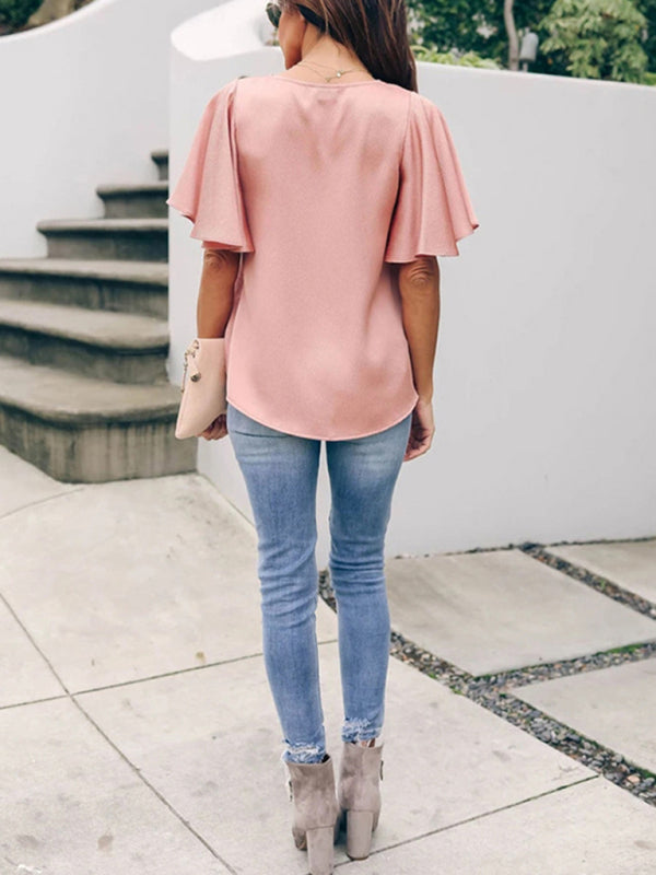Blue Zone Planet |  Loose V-neck ruffle sleeve top BLUE ZONE PLANET