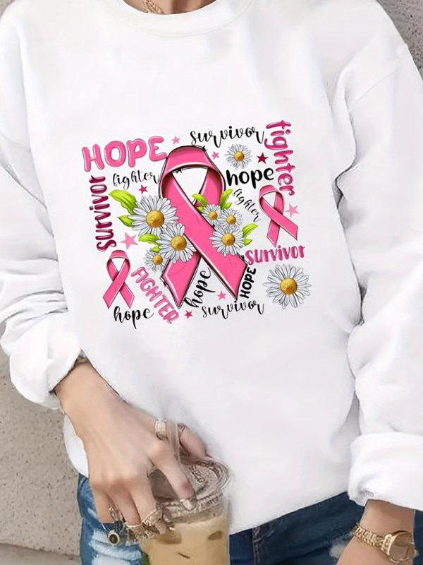 pink ribbon printed loose long-sleeved sweatshirt kakaclo