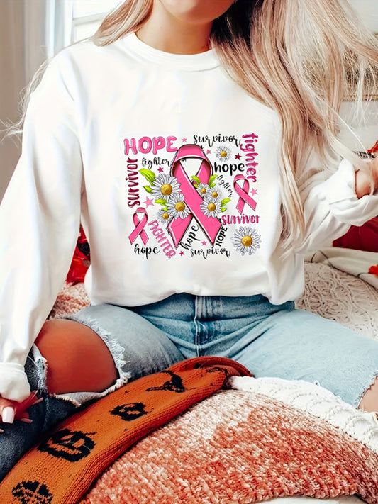 pink ribbon printed loose long-sleeved sweatshirt kakaclo