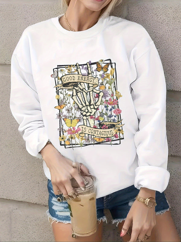 loose sports long-sleeved printed skull sweatshirt kakaclo