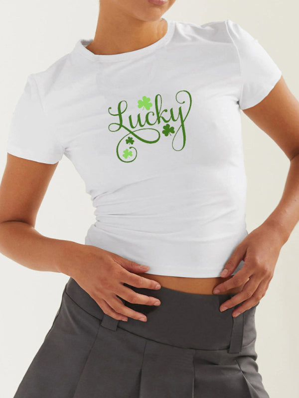 St. Patrick's Day Green Leaf Print Round Neck Short T-Shirt (Multiple Pictures Available) kakaclo