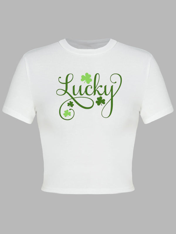 St. Patrick's Day Green Leaf Print Round Neck Short T-Shirt (Multiple Pictures Available) kakaclo