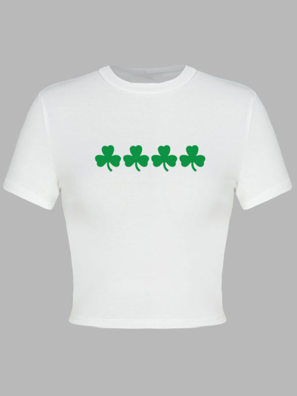 St. Patrick's Day Green Leaf Print Round Neck Short T-Shirt (Multiple Pictures Available) kakaclo