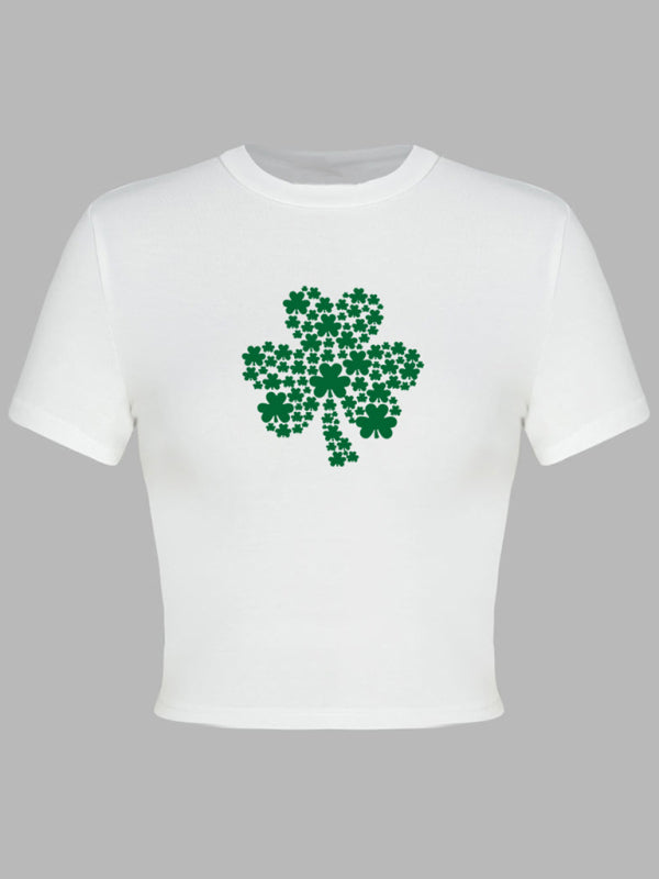 St. Patrick's Day Green Leaf Print Round Neck Short T-Shirt (Multiple Pictures Available) kakaclo