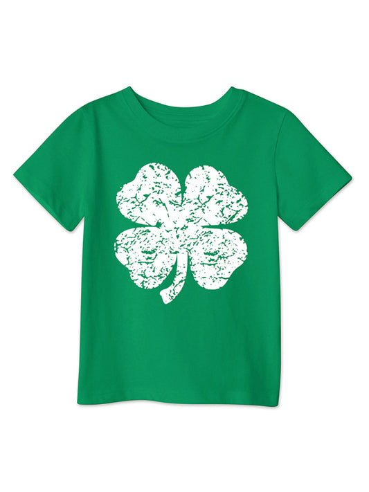 style green clover printed loose pullover short-sleeved T-shirt for boys and girls kakaclo