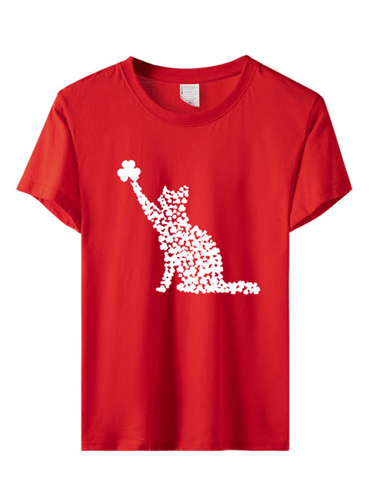 T-shirt cat clover print short-sleeved T-shirt kakaclo