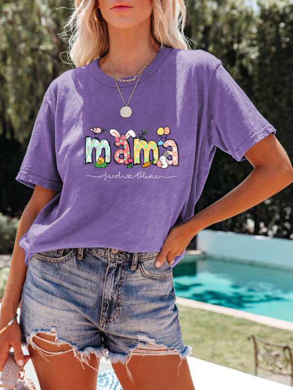 MAMA Letter Round Neck Rabbit Easter Short Sleeve T-Shirt kakaclo
