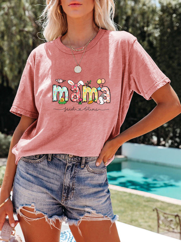 MAMA Letter Round Neck Rabbit Easter Short Sleeve T-Shirt kakaclo