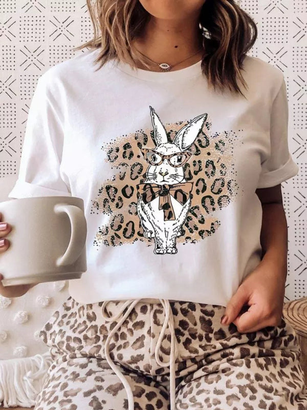 Tops Easter Bunny Leopard Print Short Sleeve T-Shirt kakaclo