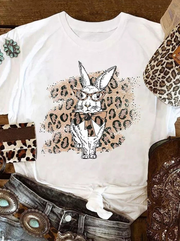 Tops Easter Bunny Leopard Print Short Sleeve T-Shirt kakaclo
