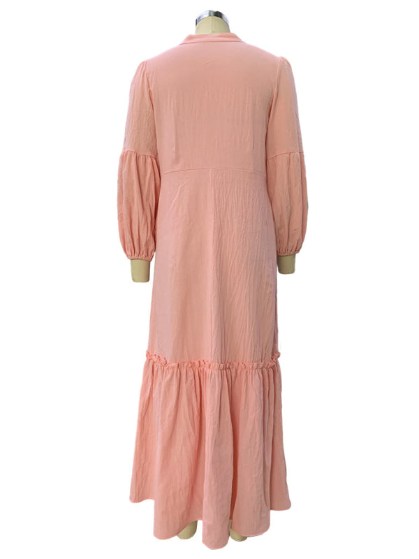 Fashionable V-Neck Puff Sleeve Bohemian Cotton and Linen Dress BLUE ZONE PLANET