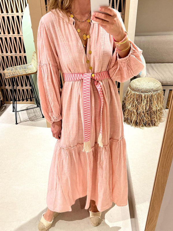 Fashionable V-Neck Puff Sleeve Bohemian Cotton and Linen Dress BLUE ZONE PLANET
