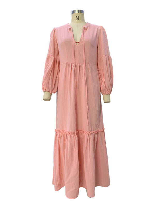 Fashionable V-Neck Puff Sleeve Bohemian Cotton and Linen Dress BLUE ZONE PLANET