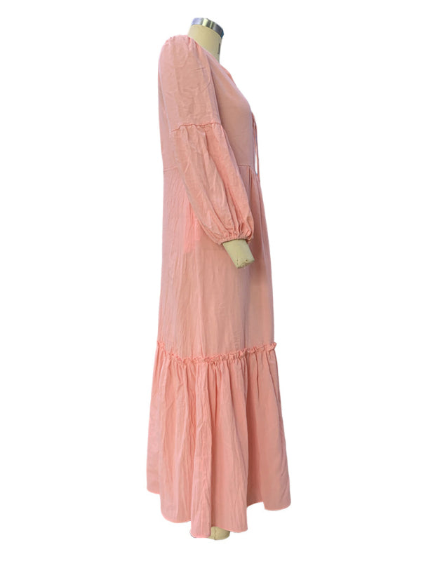 Fashionable V-Neck Puff Sleeve Bohemian Cotton and Linen Dress BLUE ZONE PLANET