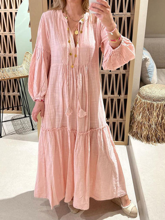 Fashionable V-Neck Puff Sleeve Bohemian Cotton and Linen Dress BLUE ZONE PLANET