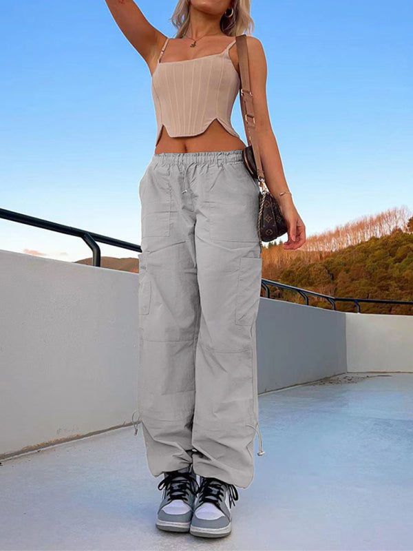 Loose strapped multi-pocket straight cargo pants BLUE ZONE PLANET