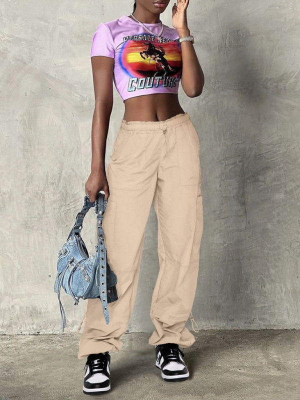 Loose strapped multi-pocket straight cargo pants BLUE ZONE PLANET