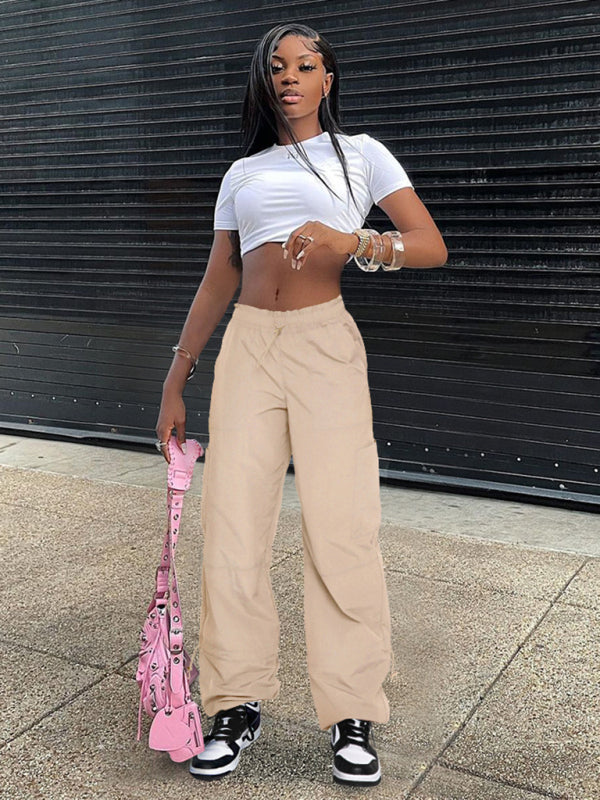 Loose strapped multi-pocket straight cargo pants BLUE ZONE PLANET