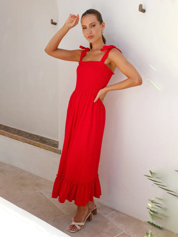Fresh and sweet simple solid color spaghetti strap dress BLUE ZONE PLANET