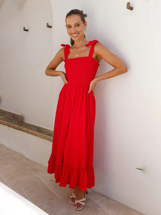 Fresh and sweet simple solid color spaghetti strap dress BLUE ZONE PLANET
