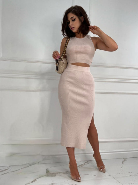 Solid Color Vest Top Slim Fit Slit Skirt Two Piece Set BLUE ZONE PLANET