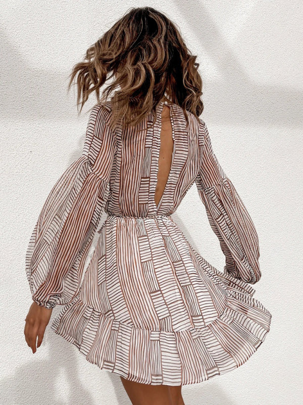 striped printed V-neck waist sweet long-sleeved short dress BLUE ZONE PLANET