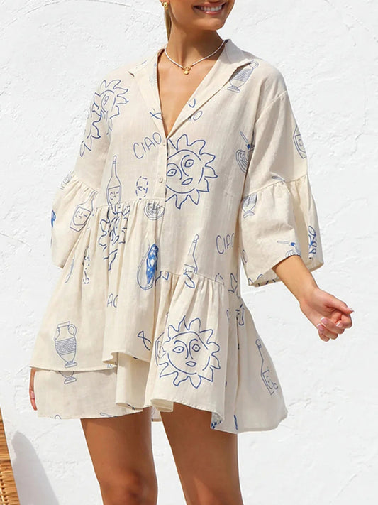 comfortable and simple trumpet sleeve ethnic style loose shirt short dress BLUE ZONE PLANET