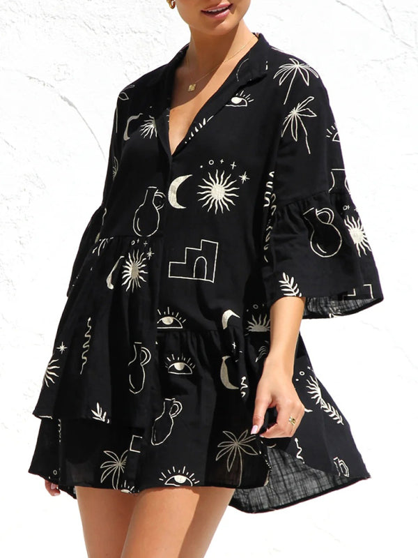 comfortable and simple trumpet sleeve ethnic style loose shirt short dress BLUE ZONE PLANET