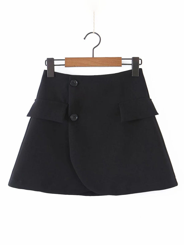 diagonal button short blazer + high waist pocket skirt suit BLUE ZONE PLANET