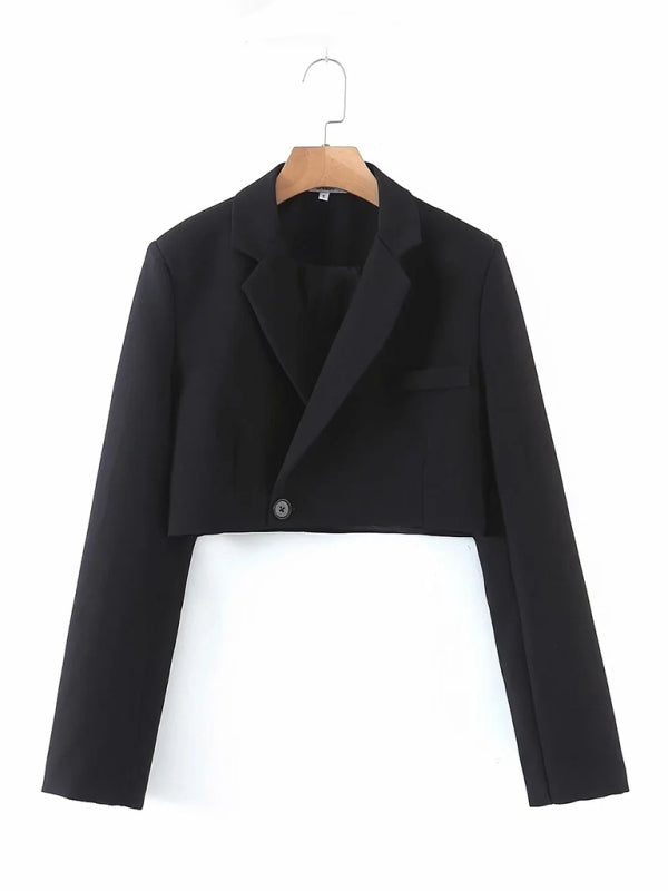 diagonal button short blazer + high waist pocket skirt suit BLUE ZONE PLANET