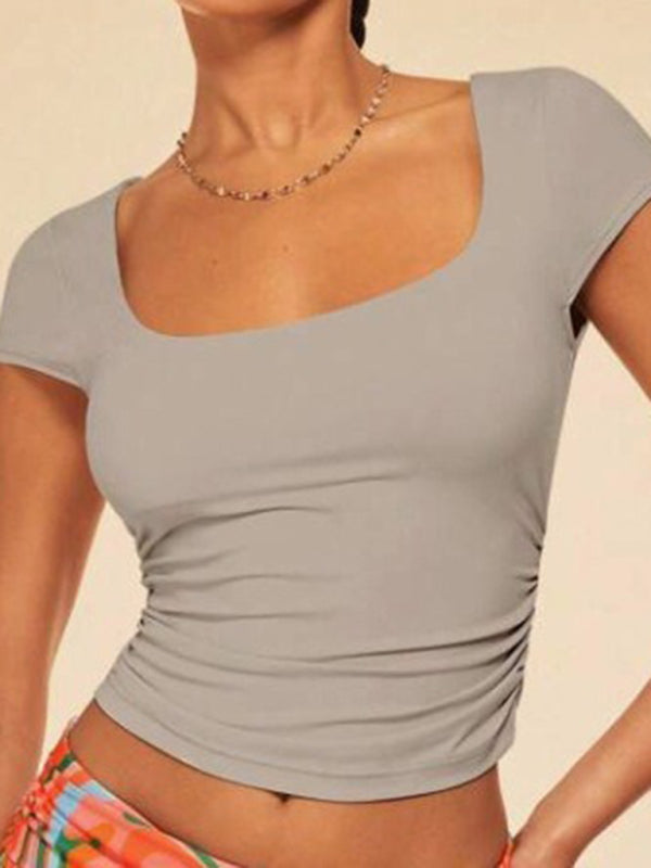 New slim solid color short-sleeved square neck T-shirt kakaclo
