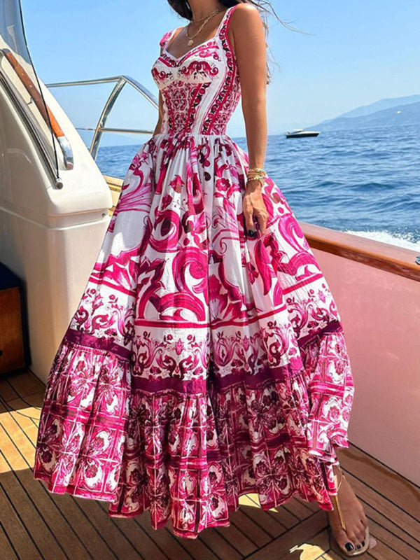 Stylish Printed Sleeveless Sleeveless Waist Swing Dress BLUE ZONE PLANET