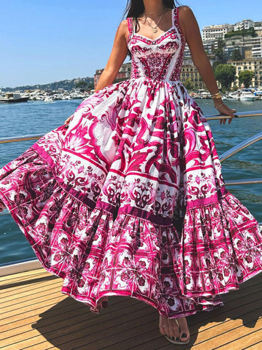 Stylish Printed Sleeveless Sleeveless Waist Swing Dress BLUE ZONE PLANET