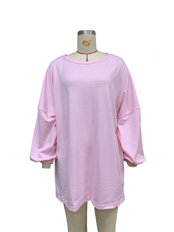 Fashion Solid Color Loose Long Sleeve Round Neck Long Sweatshirt kakaclo