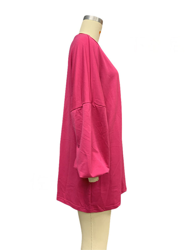 Fashion Solid Color Loose Long Sleeve Round Neck Long Sweatshirt kakaclo
