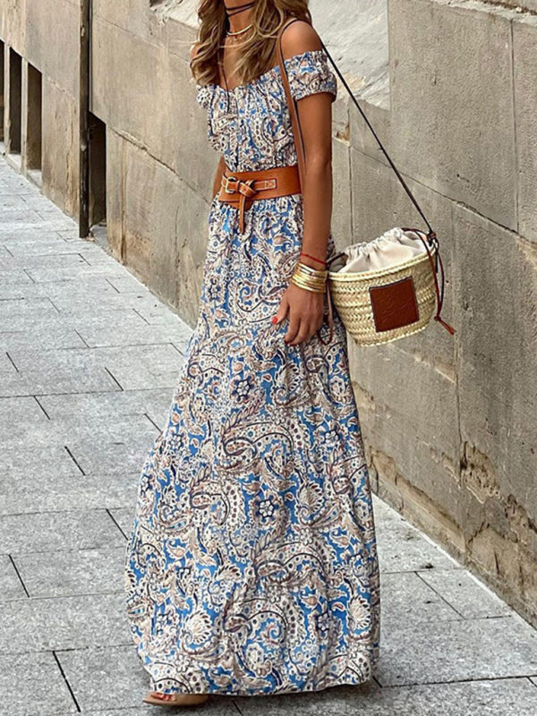Zone Planet | Azure Breeze Boho Off-Shoulder Floor-Length Dress