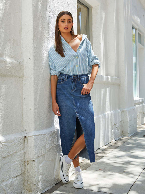 Blue Zone Planet |  front slit denim high waist a line midi skirt BLUE ZONE PLANET