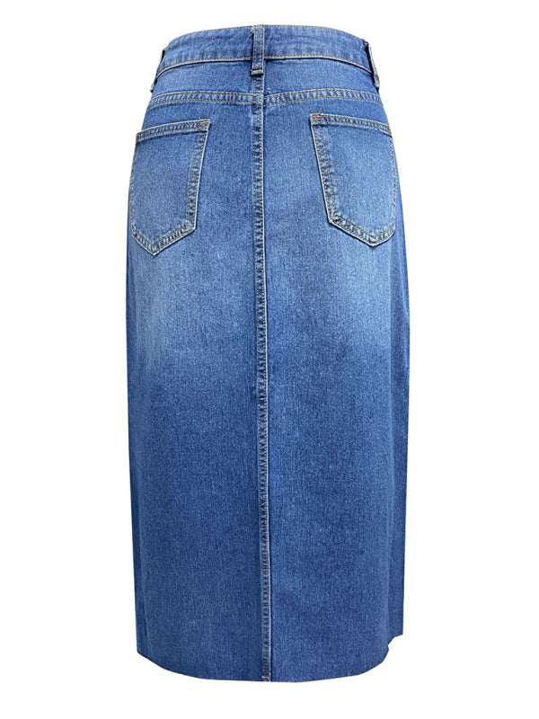 Blue Zone Planet |  front slit denim high waist a line midi skirt BLUE ZONE PLANET