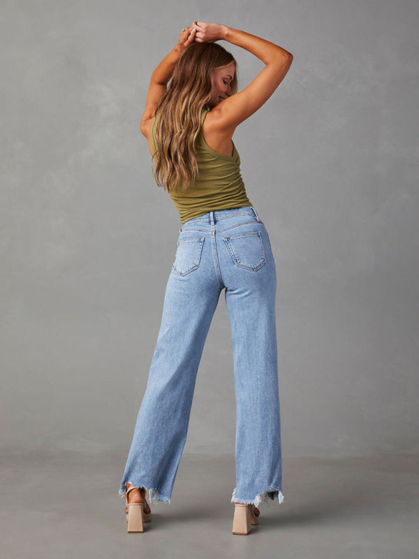 Blue Zone Planet |  Ladies Loose Simple Tassel Straight Jeans BLUE ZONE PLANET