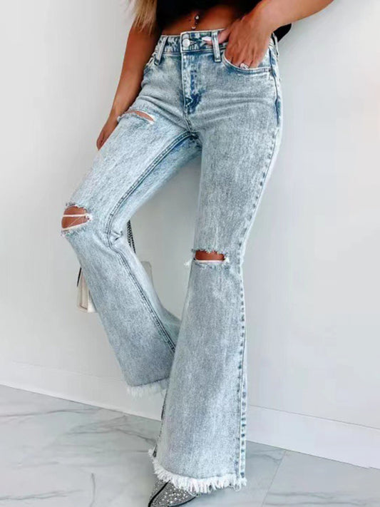 Blue Zone Planet |  Long Ripped Flares Washed High Waist Jeans BLUE ZONE PLANET