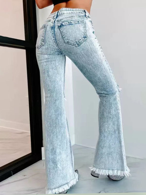 Blue Zone Planet |  Long Ripped Flares Washed High Waist Jeans BLUE ZONE PLANET
