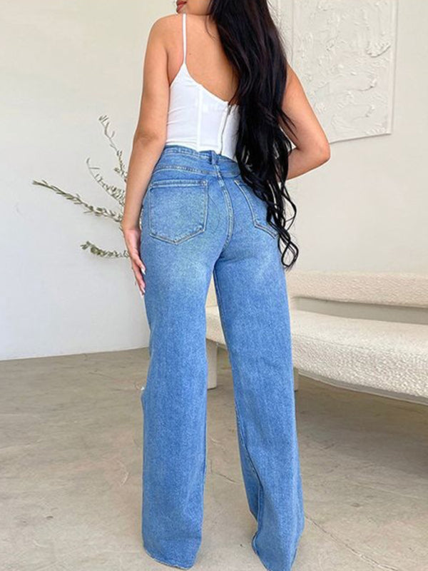 Blue Zone Planet |  long high waist ripped raw edge comfortable wide leg jeans BLUE ZONE PLANET